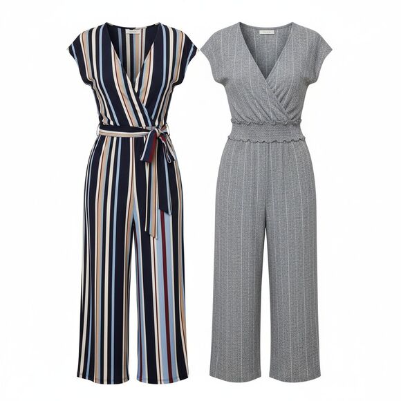 Pants - Women’s Jumpsuit Bundle Size M Stripe & Gray Wrap Style Sleeveless 2 Piece Lot